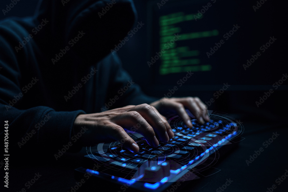 Poster mysterious hacker in dark environment typing on keyboard with glowing keys at night