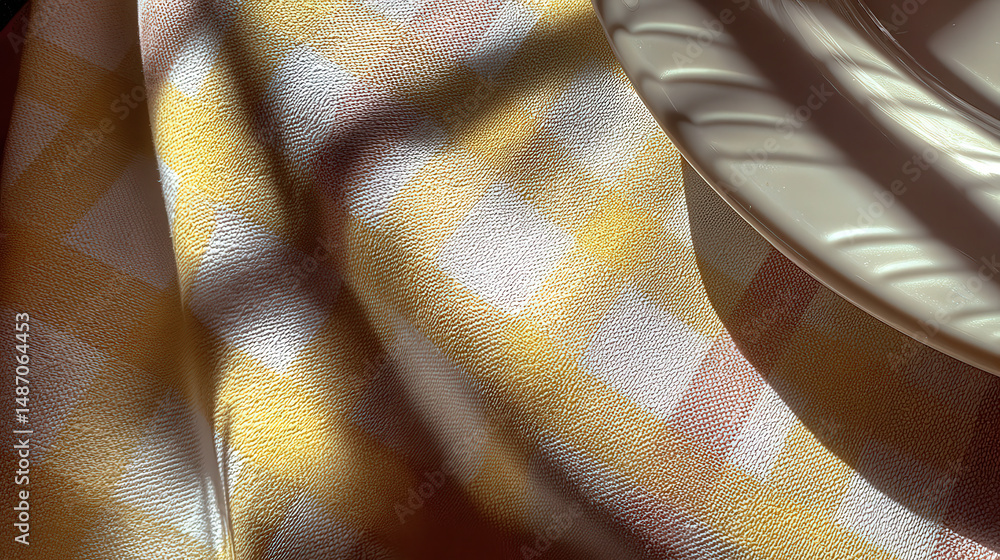 Poster elegant yellow tablecloth with a textured design in sunlight casting beautiful shadows on breakfast 