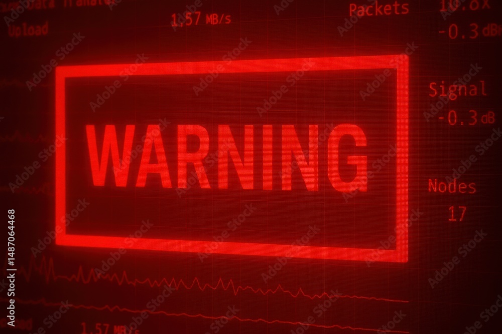 Poster Red Warning Sign Displaying Alert Notifications in Digital Environment for Cybersecurity Concepts