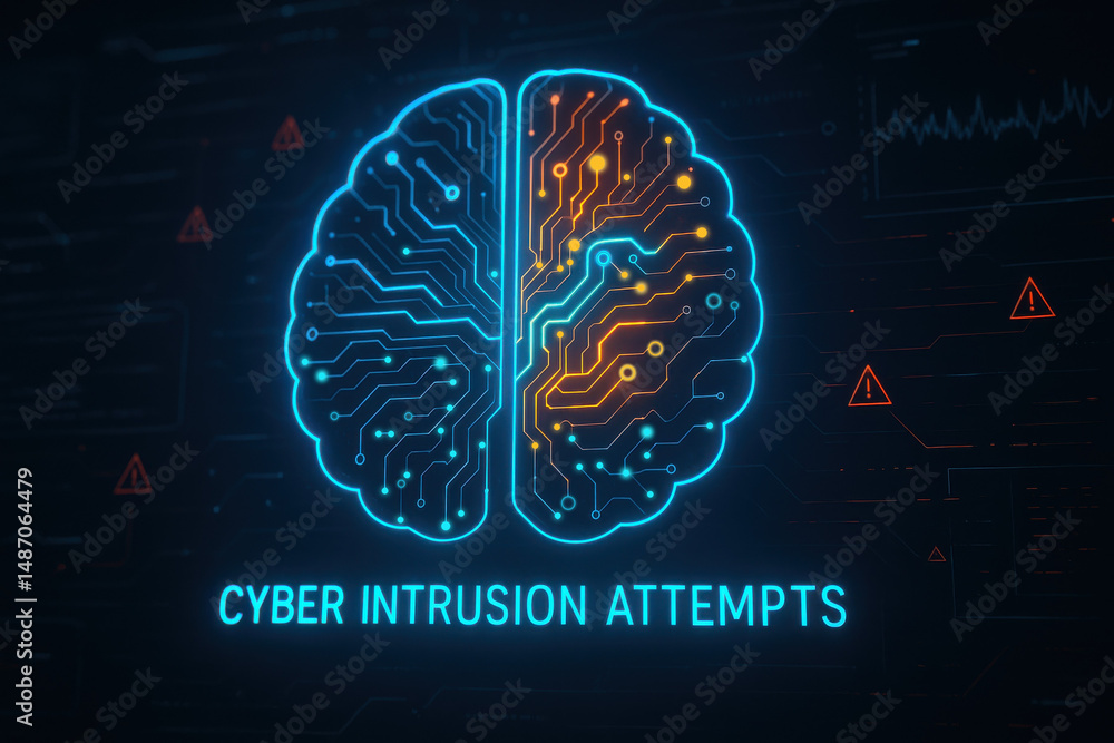 Poster futuristic brain illustration representing cyber intrusion attempts with circuit patterns and alerts