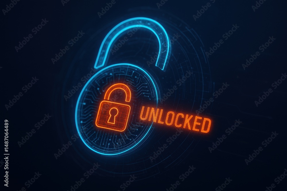 Poster digital unlock icon with neon glow and circuit pattern on a dark background