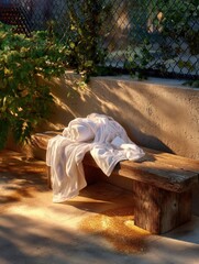 White tennis uniform and towel on wooden bench. Generative AI