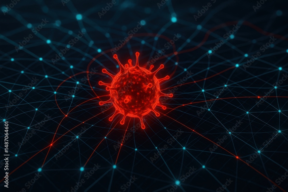 Poster red virus particle surrounded by glowing network connections on dark background