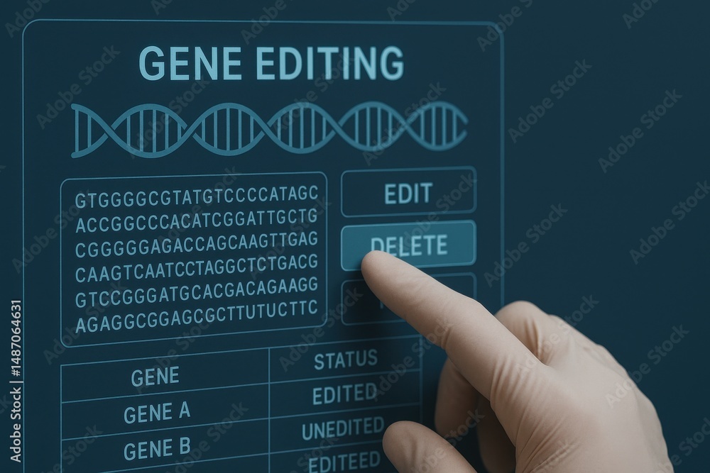 Poster hand pressing delete button on gene editing digital interface with dna strand display