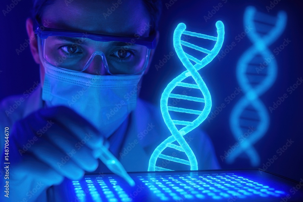 Poster scientist examining dna structure with pipette in laboratory with fluorescent lights