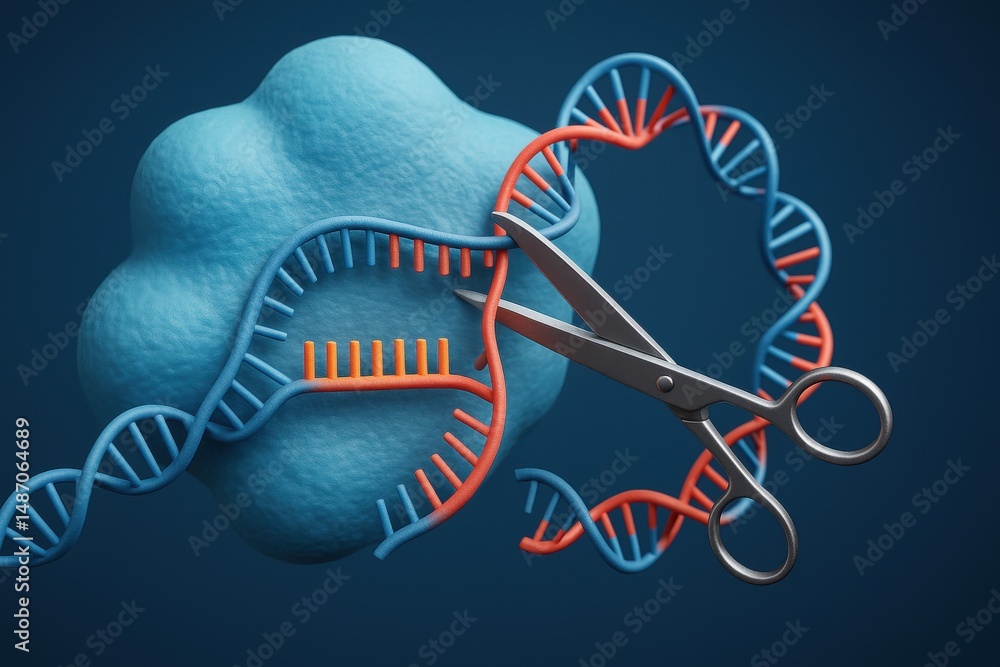 Poster cutting edge representation of dna editing with scissors and molecule structure in lab environment