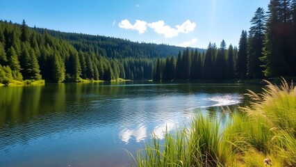 Fototapeta premium Peaceful Natural Lake with Calm Waters and Lush Greenery in a Serene Outdoor Landscape