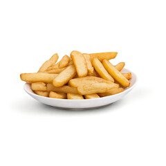 Isolated on white, these yellow cooked potato french fries are a popular fast food snack