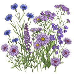 Vibrant wildflowers digital illustration showcasing various purple blooms