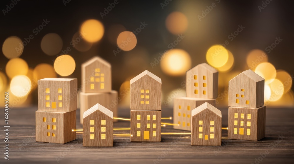 Poster conceptual illustration of blockchain-powered city showing economic autonomy and modern urban infras