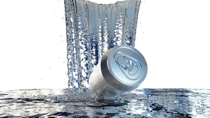 滝のように弾ける水と銀色の缶が描く清涼感の3Dイラスト