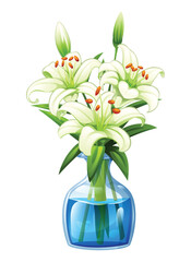 White lilies in a transparent glass vase filled with water. Vector cartoon illustration