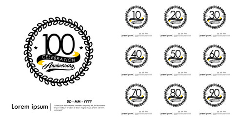Obraz premium Set of 10-100th years anniversary celebration emblem. congratulation anniversary logo medal isolated with laurel wreath and ribbon on white background. vector illustration template design
