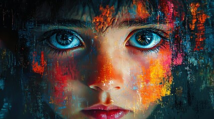 Abstract Child Portrait Vivid Eyes, Glowing Colors, Digital Painting, AI Art, Modern Artwork, Emotional Expression, Intense Gaze, Intriguing Texture, Colorful Abstract Face, Unique Artistic Style,