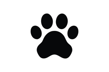 Black animal paw print with four toes and pad, isolated on white background, representing pets, wildlife, tracking, or veterinary design in simple vector style.


