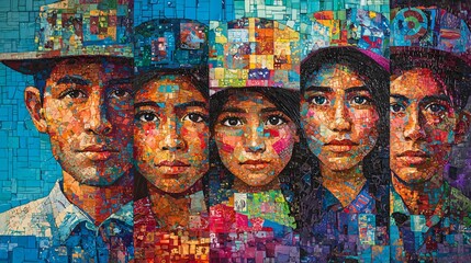 Vibrant Mosaic Portrait of Four Young Adults A Colorful Collage of Faces, Modern Art, Diverse Youth Culture, Multifaceted Personalities, Intriguing Expressions, Unique Artistic Style, Bold Hues,