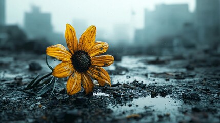 Post-Apocalyptic Sunflower Resilience, Hope, and the Last Flower Standing in a Desolate Cityscape, a Symbol of Nature's Enduring Strength Amidst Urban Ruin.