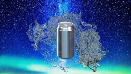 アルミ缶と弾ける水しぶきと星空の3Dイラスト