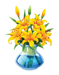 Yellow lilies in a glass vase with water. Vector cartoon illustration
