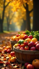 Crisp autumn leaves surround overflowing bushel baskets of fresh picked produce, gourds, organic