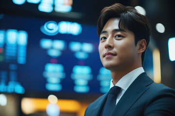 Man in suit gazes up at TV screen.