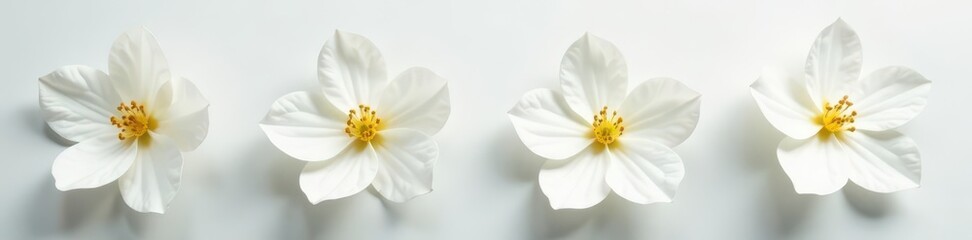 Four pristine white blossoms, minimalist arrangement , summer, white background, floral