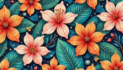 Intricate line-dash tropical flower pattern; vintage artistic seamless vector design , flowers, repeat, nature