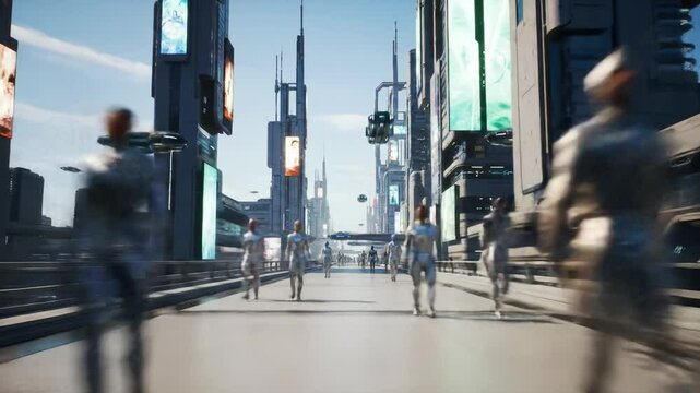 Futuristic cityscape with advanced technology and urban life in a bustling environment