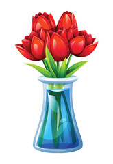 Bouquet of red tulips in a tall glass vase with green stems and leaves. Vector cartoon illustration
