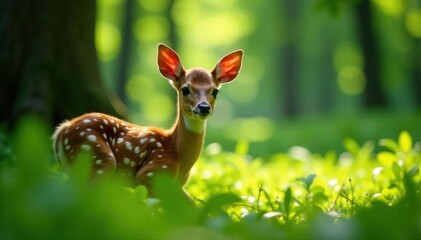 Young fawn hidden in dappled sunlight, lush green forest, woodland, brown