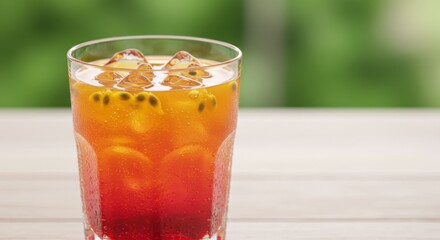 Refreshing Passion Fruit Drink with Ice in Glass on Wooden Table