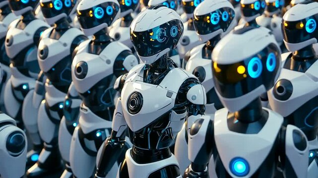Futuristic humanoid robots with blue glowing eyes stand in formation, showcasing advanced technology and design, representing future artificial intelligence, robotics innovation. Generative 4k video