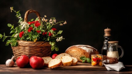 Rustic Bakery Table with Bread, Apples, Flowers, and Herb Jars