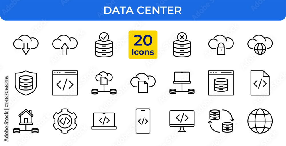 Poster data center line editable icons set. vector illustration in modern thin line style of cloud computin