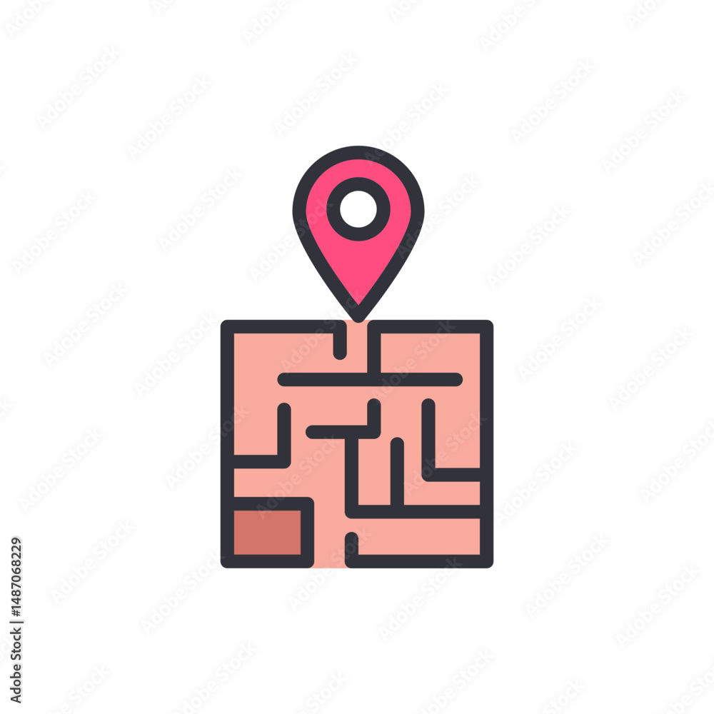 Poster intricate labyrinth illustration with location pin for navigation concepts