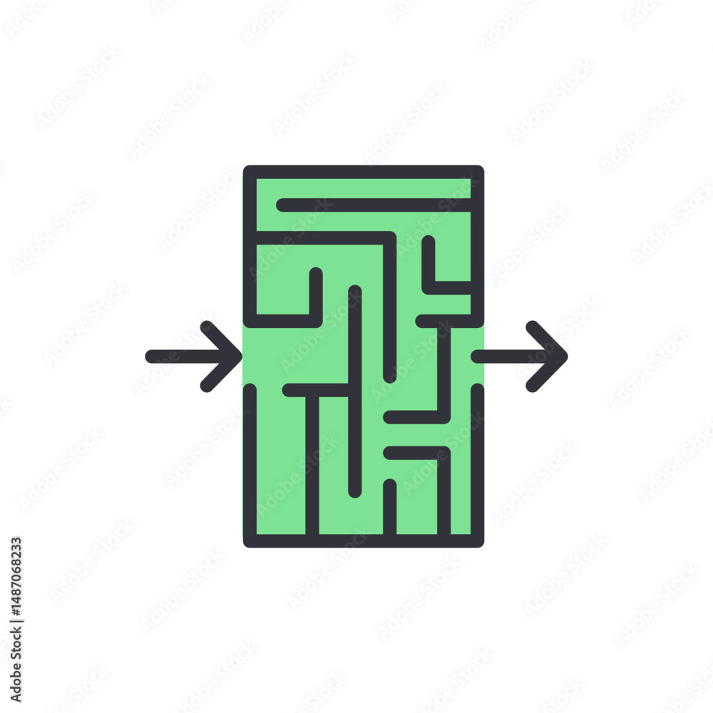 Poster rectangular maze illustration with arrows showing the path to the exit