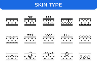 Skin Type and Skincare Line Editable Icons set. Vector illustration in modern thin line style of dermatology and beauty related icons: skin layers, hydration, pores, wrinkles, acne, hair follicle