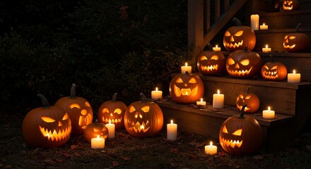 Spooky Halloween Night: Jack-o'-lanterns Illuminate Wooden Steps with Glowing Candles. High quality professional stock photo suitable for commercial use.