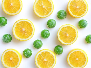 Obraz premium Fresh lemon slices and green hard candies on a white background.