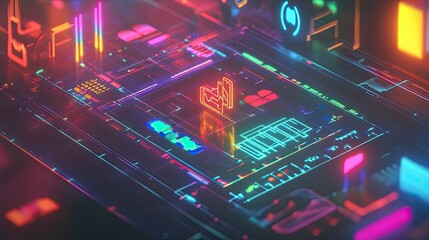 Futuristic Circuit Board with Neon Lights and Digital Elements