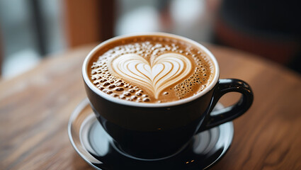 Artisan Latte: A close-up shot captures an aromatic latte in a black ceramic mug. The foam is expertly crafted into a beautiful heart shape, resting on a saucer, suggesting a warm, inviting moment