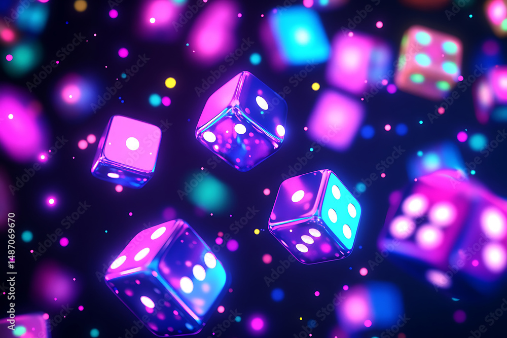 Poster colorful neon dice floating in a vibrant cosmic background with sparkling lights, creating a playful