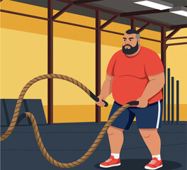 Man Exercising with Battle Ropes in Indoor Gym Wearing Red Shirt and Blue Shorts 