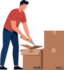 Man Opening Cardboard Boxes Using Cutter Knife in Moving or Packing Activity VECTOR Illustration 