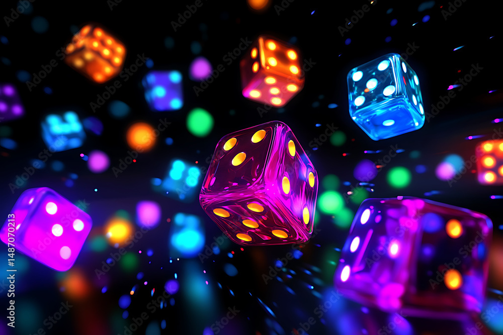 Poster colorful illuminated dice floating in a vibrant abstract background with blurred lights