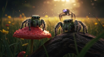 Jumping spiders on mushroom in meadow