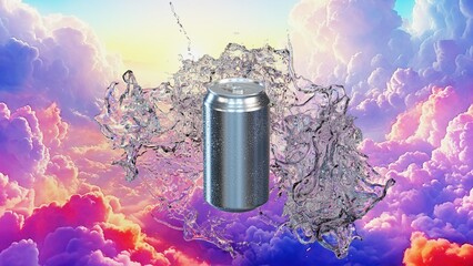 アルミ缶と弾ける水しぶきと雲の3Dイラスト