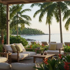 Fototapeta premium Tranquil Beachfront Lounge Setting with Palm Trees
