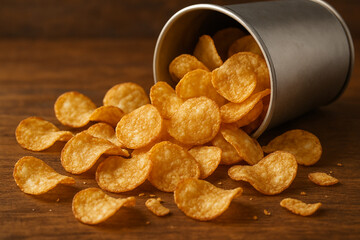 Crispy potato chips spill delight.