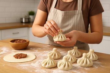 Woman hand making khinkali on the table in the kitchen
